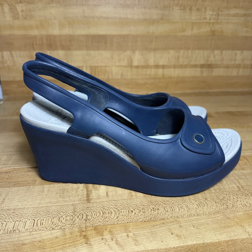 Crocs Leigh Wedge Sandals Navy Blue White Slingback Open Toe Womens 10